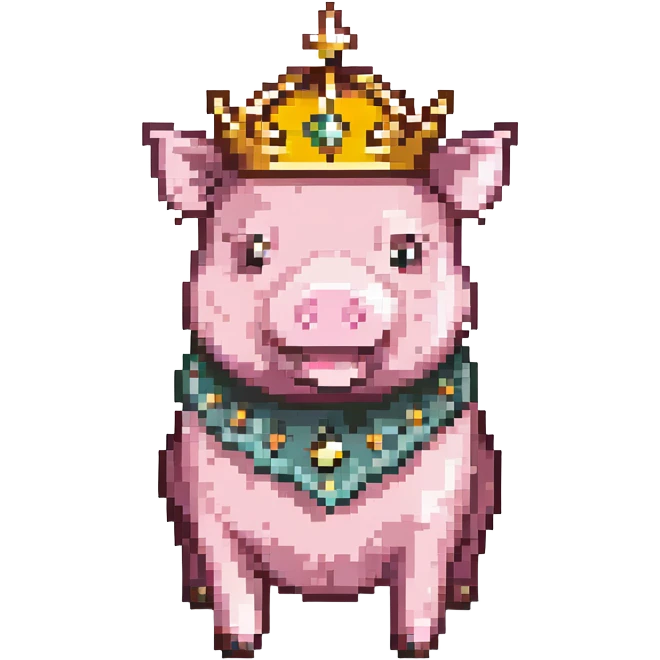 a pig wearing a golden crown, pixel art style emoji