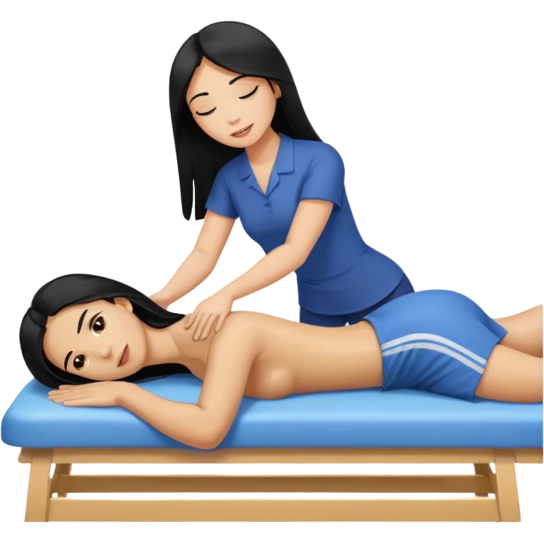 Philippines woman with long hair is on massage table. a blond white man is massaging her emoji
