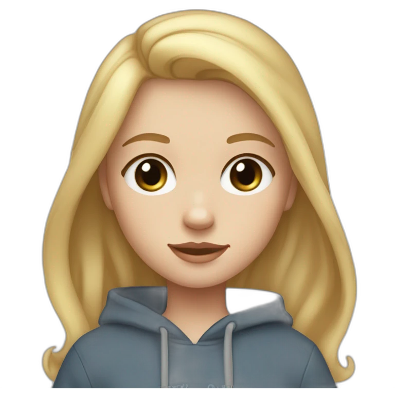 A blonde girl  with smooth hair and a ray in the middle of his hair, blue eyes, she has light skin a few freckles, and she wear a hoodies and she Carries in his arms a black baby labrador dog emoji