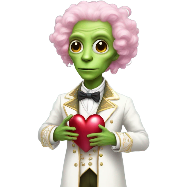 a green alien man in Victorian dress white gold, pink hair,holdig, red big hearth, full body emoji