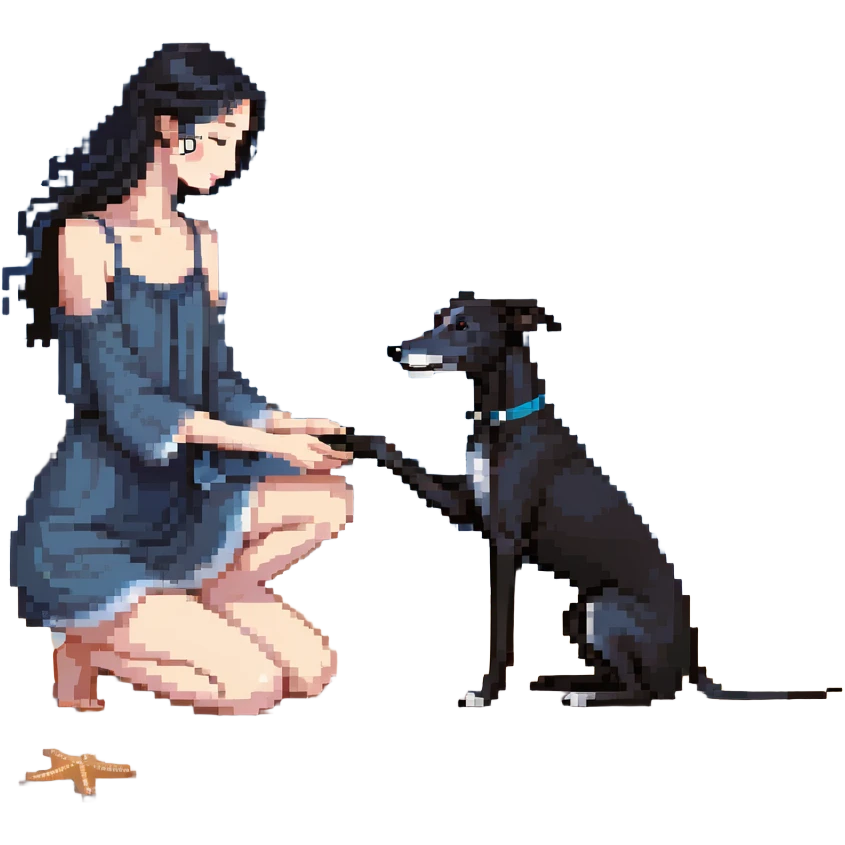 A very beautiful and attractive 25-year-old Japanese woman with long flowing black hair gently petting a SOLID DARK GREY whippet on a beach at night under a starry sky. The woman's hand is lovingly stroking the whippet. The whippet MUST be COMPLETELY SOLID DARK GREY with ABSOLUTELY NO WHITE MARKINGS ANYWHERE - no white chest, no white face, no white paws, no white tip on tail - ENTIRELY ONE SOLID DARK GREY COLOR throughout the entire dog. Deep blue night sky filled with bright stars, moonlight reflecting on the ocean, sandy beach in the foreground. emoji