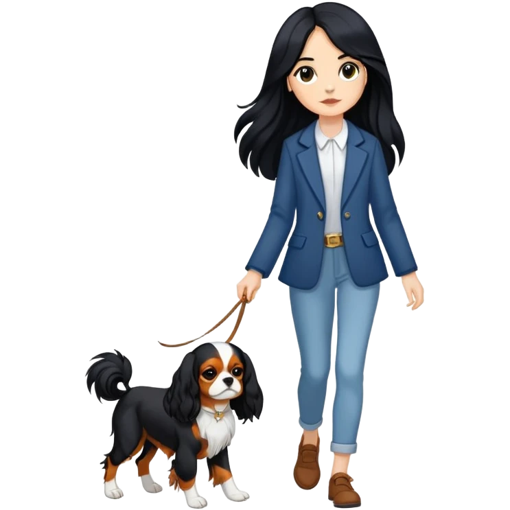 A girl with long black hair walking a Cavalier King Charles Spaniel emoji