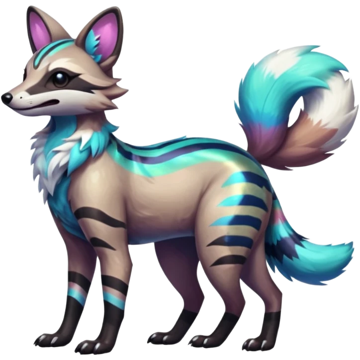Shiny Neon Glossy Silvally-Aardwolf-Tanuki-Genet-Bobcat-fusion-animal-hybrid-creature, full body emoji