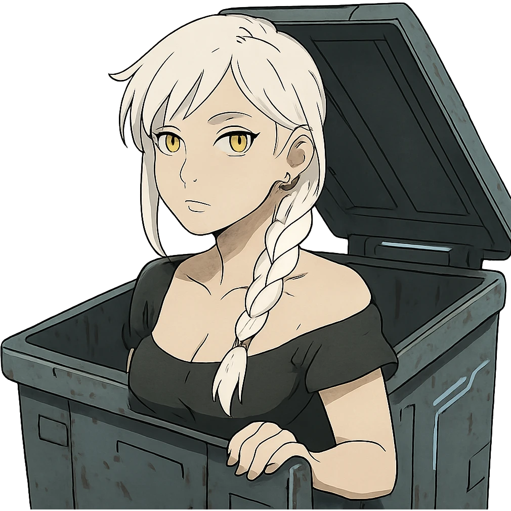 she is poking out from a garbage dumpster, a closeup portrait of young woman with gold yellow eyes, white hair, long braid, black off-shoulder top d-cup, punk gothic style, futuristic cyberwave cyberpunk, emoji