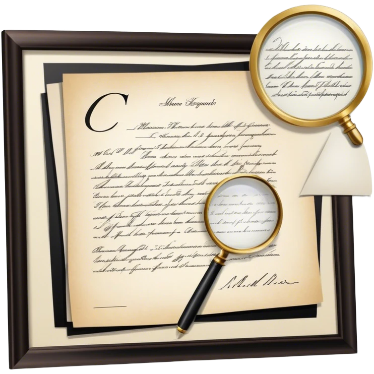 Icon for Autograph Collecting: a signed piece of paper or book page with a famous signature, surrounded by a magnifying glass, and a collection of several framed autographs. Transparent background. emoji