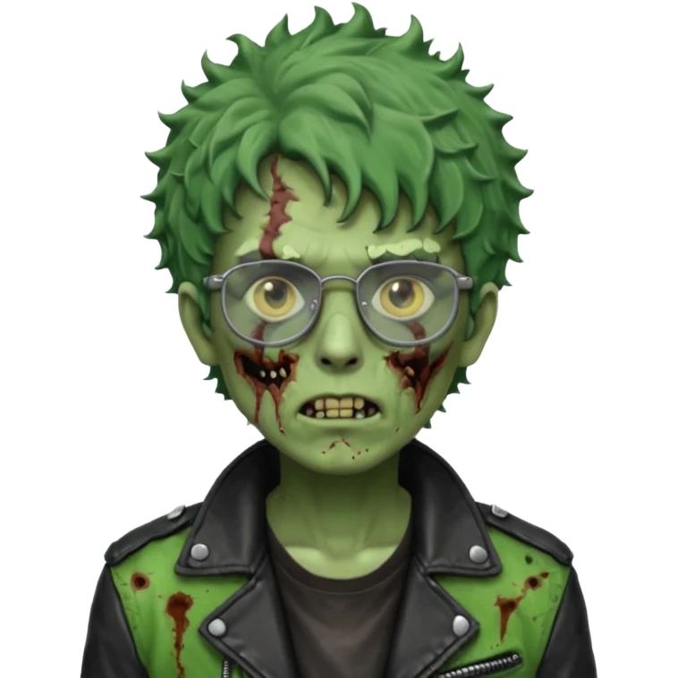 Hombre zombie de piel verde con chaqueta de cuero punk, pelo rizado corto y gafas emoji