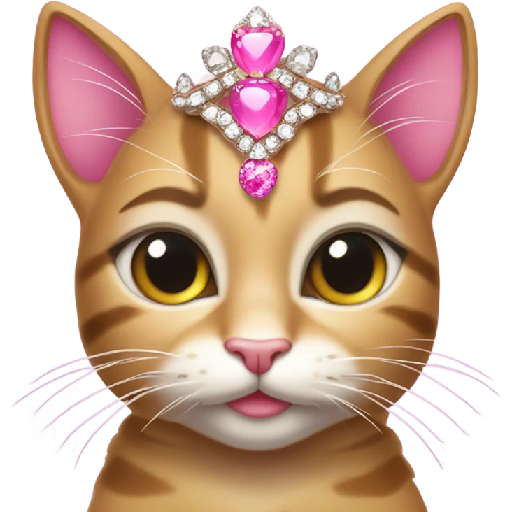 Tabby cat with big lashes and a pink tiara, glittery pink claws, glittery jewelry and earrings emoji