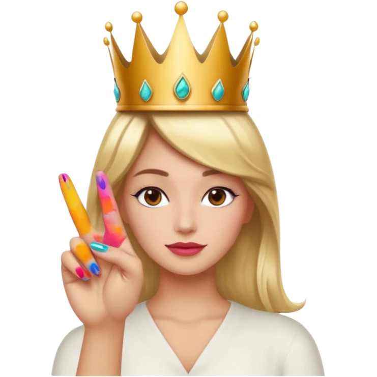 confident hand making a peace sign with painted nails and a crown, radiating girlboss energy, apple emoji style, for a phone case emoji