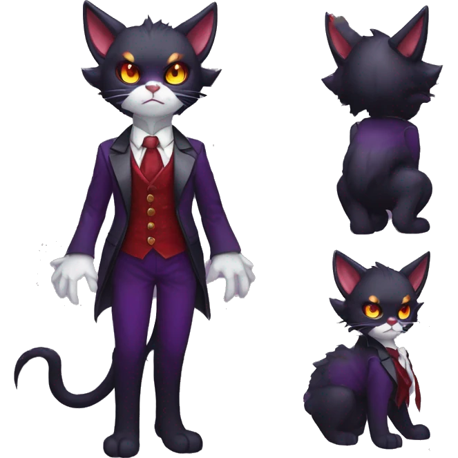 Cute-Evil-Vampiric-Batty-Cat-Black-Purple-Red-Yellow-Contrast-Colors-Fantasy-Fur-Sona-Chibi-Shiny-Fakémon-Hybrid with horns and big fangs neck bow white tie leg spats full body emoji