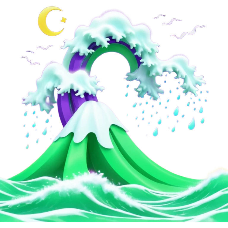 3D render of Tsunami, miniature weather phenomenon, volumetric particle effects, wavy glowing neon green and purple ribbons in the sky, elemental energy, emoji style, isolated on white background --v 6.0. emoji
