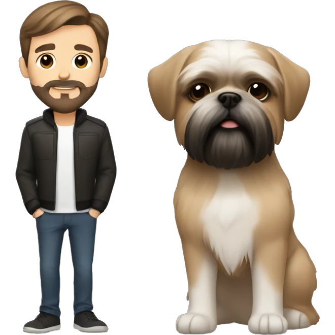 Short haired man with short beard and mustache, brown eyes and hair. With a black and brown Shih tzu beside. emoji