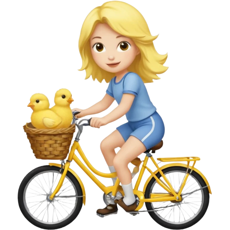 A cartoon girl riding a bicycle with a basket full of baby chicks, 1:1 square ratio. emoji