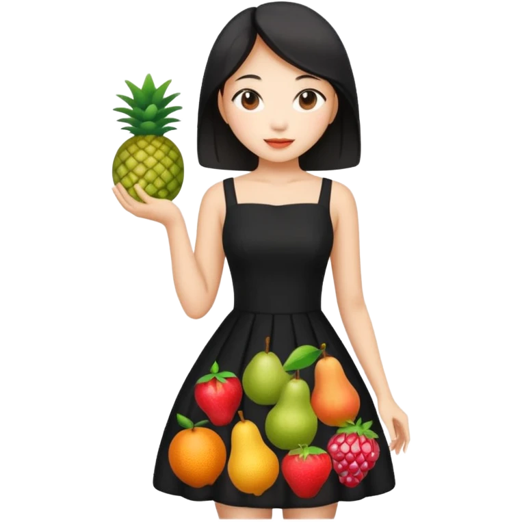 asian young woman in black dress with images of fruits on it emoji