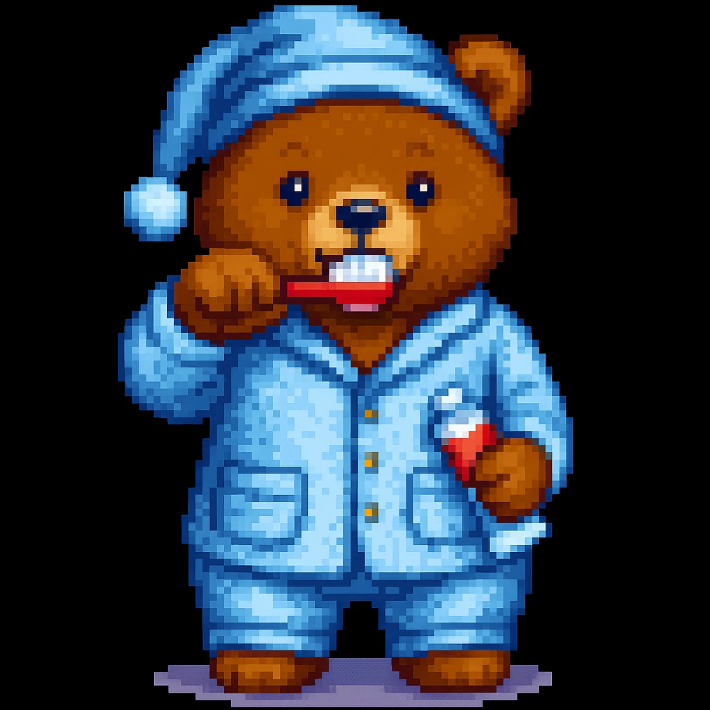 A bear in pajamas, pixel art style, brushing teeth, with a hat emoji