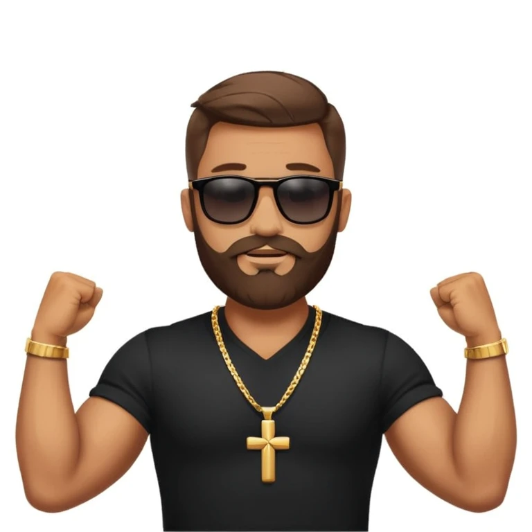 confident man with a beard, sunglasses, black shirt, and cross necklace, flexing both arms, outdoors emoji