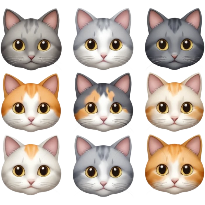 6 realistic looking cats with different natural coloured coats, assorted grey and white, greys, calico colours etc
 emoji