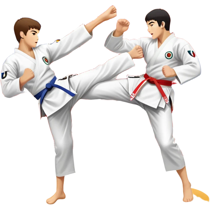 Two taekwondo fighters in a competition arena, one performing a high spinning kick towards the opponent’s head, while the other blocks with a precise guard. The background features a dynamic, bright arena with flags, emphasizing speed and agility in the martial art. Transparent background  emoji