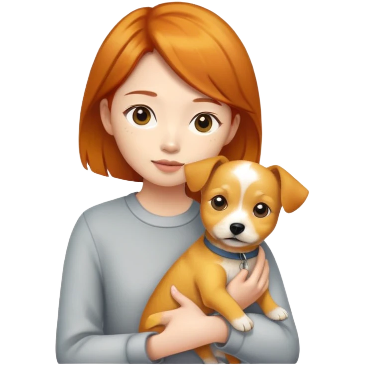an asian girl with ginger hair, holding a yellow terrior dog emoji