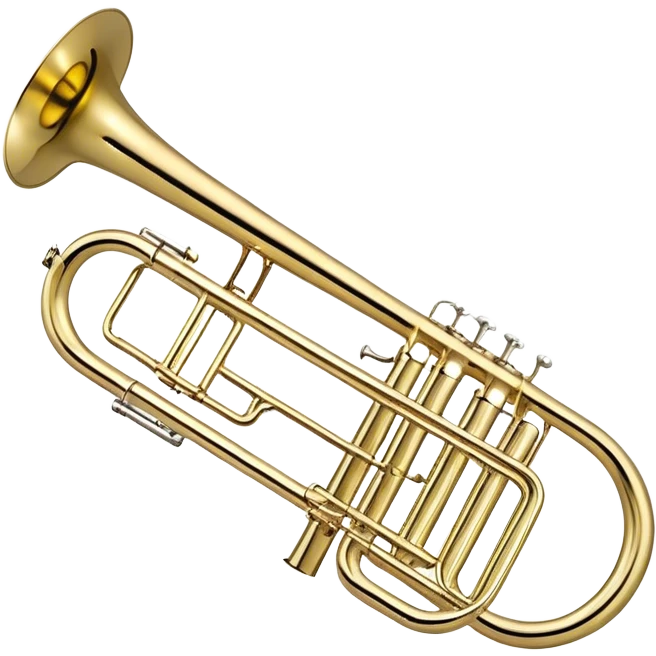 Create an elegant and detailed emoji representing the Bach Bb/F tenor trombone. The design should feature the smooth, shiny brass body of the trombone, showcasing its large, flared bell and curved tubing. Highlight the tuning slide with its polished metal finish, and the mouthpiece should be clearly visible. The trombone’s surface should have a gleaming brass tone with subtle silver accents around the mouthpiece and slide. Add a few musical notes or soundwaves emanating from the bell to emphasize the powerful sound of the trombone. Use golden and brass tones with reflective light effects to enhance the trombone’s professional and high-quality appearance. The background should be transparent. emoji