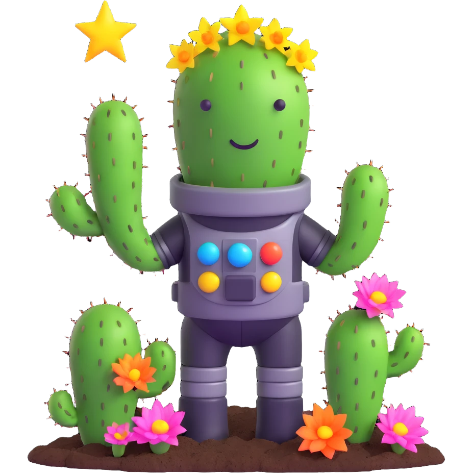 A spacesuit-wearing cactus blooming neon stars instead of flowers, with mini planets on its prickles emoji