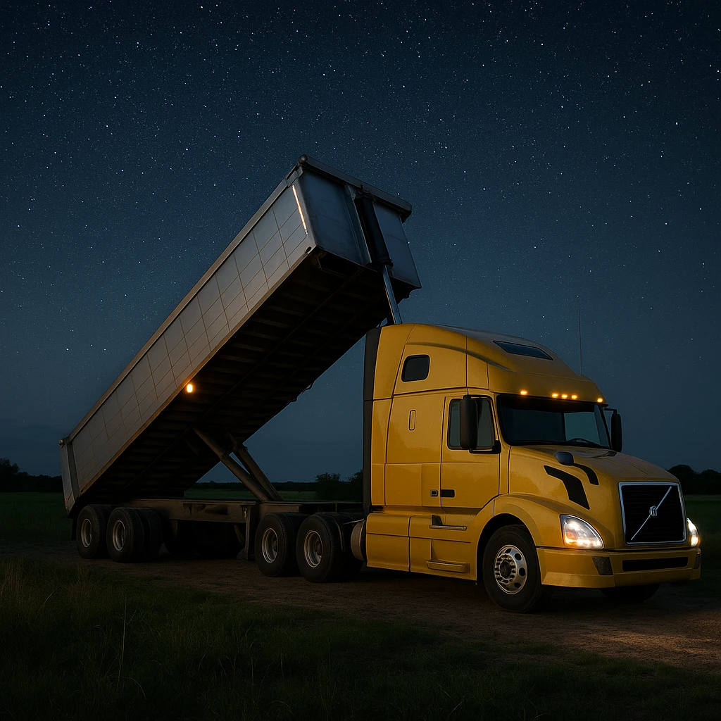 ultra-realistic Volvo yellow semi sleeper truck and silver end dump trailer, trailer tilted up as if dumping, night scene in a photorealistic countryside with grassy fields and a starry sky emoji