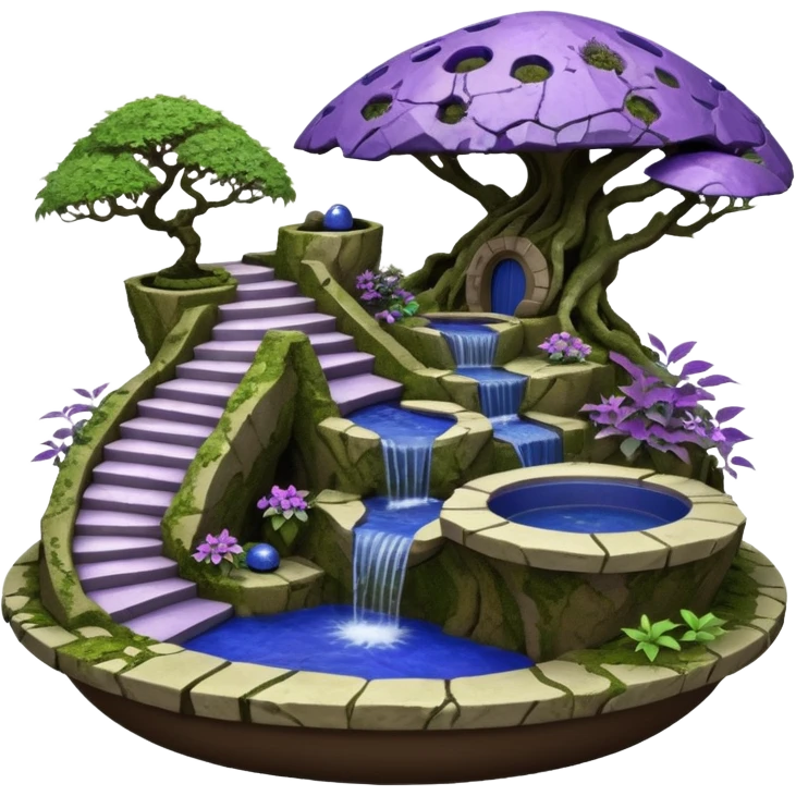Alien saucer house jungle-vines stairway fountain mountain-island landscape antique mudman very old broken cracked intricate Stone Age lapis-crusted irregular dodecagon-shaped shallow dark moss rough bark violet serissa flowered maple tree bonsai pot emoji