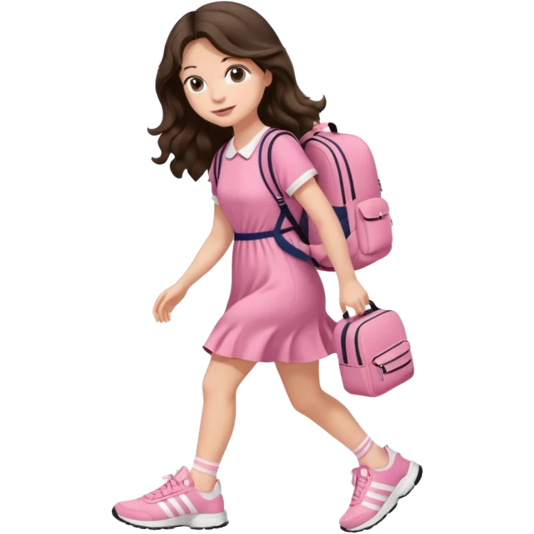 aestethic brunette very long wavy hair walking with a school backpack, with a cute pink dress, adidas shoes emoji