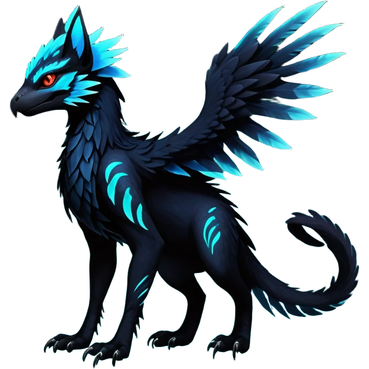 Black Dark Exotic Beaked Feathery Nocturnal Neon-glowing Abyssal Nightly Abyss-Cat-Gryphon-Salandit-Nargacuga-Silvally-Vernid-Sergal-Fakémon-Hybrid-Creature (full body) emoji