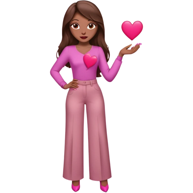  emoji, inspired with brunette hair, brown eyes, long hair, heart shape lips and pink make up  and pink nails, mauve pink blush and brown wide leg pants, burgundy shoulder drop shirt, brown heels , princess hair, brown heels, no floating hearts  emoji