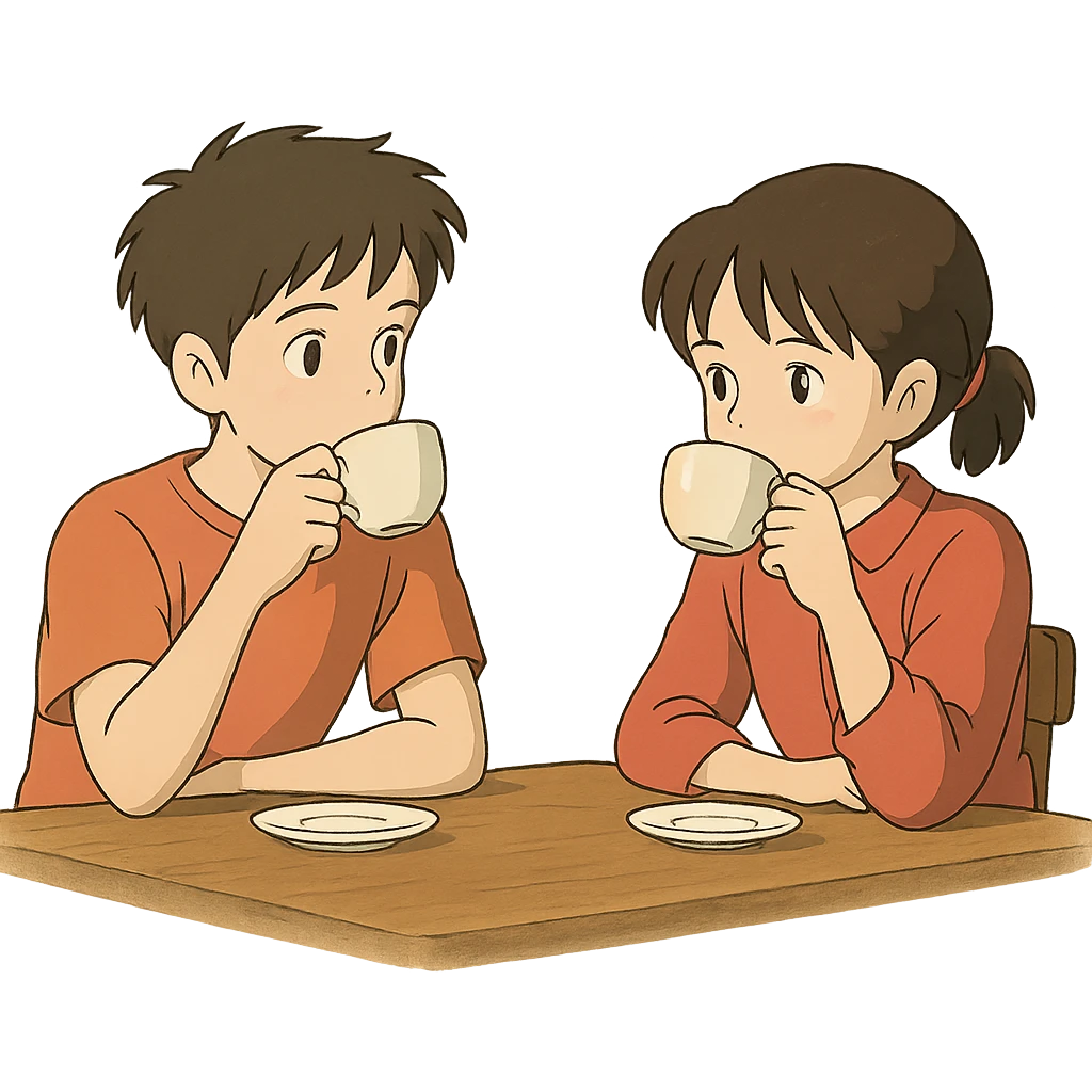 ghibli style boy and girl sitting at a table sipping coffee emoji