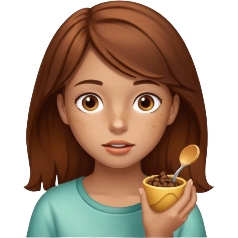 Brown hair girl with brown eyes and freckles eating poo emoji