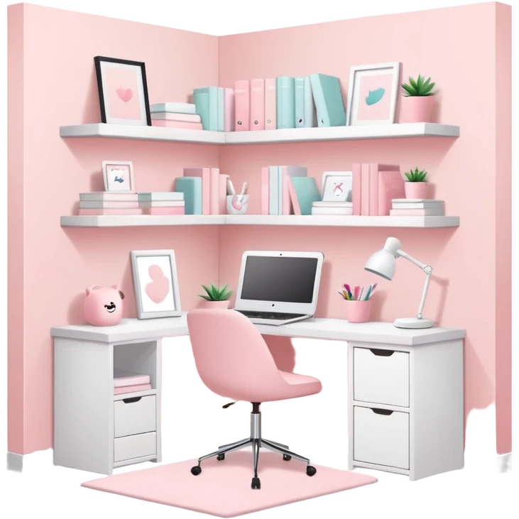 Pastel pink dorm room study corner with white shelves and minimal decor emoji
