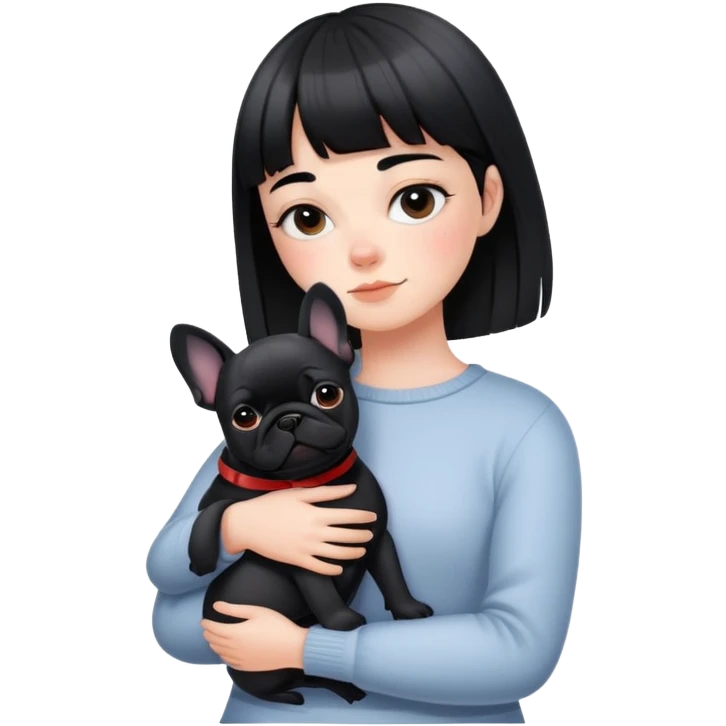 girl with short black straight bangs hair and hugging Black French Bulldog emoji