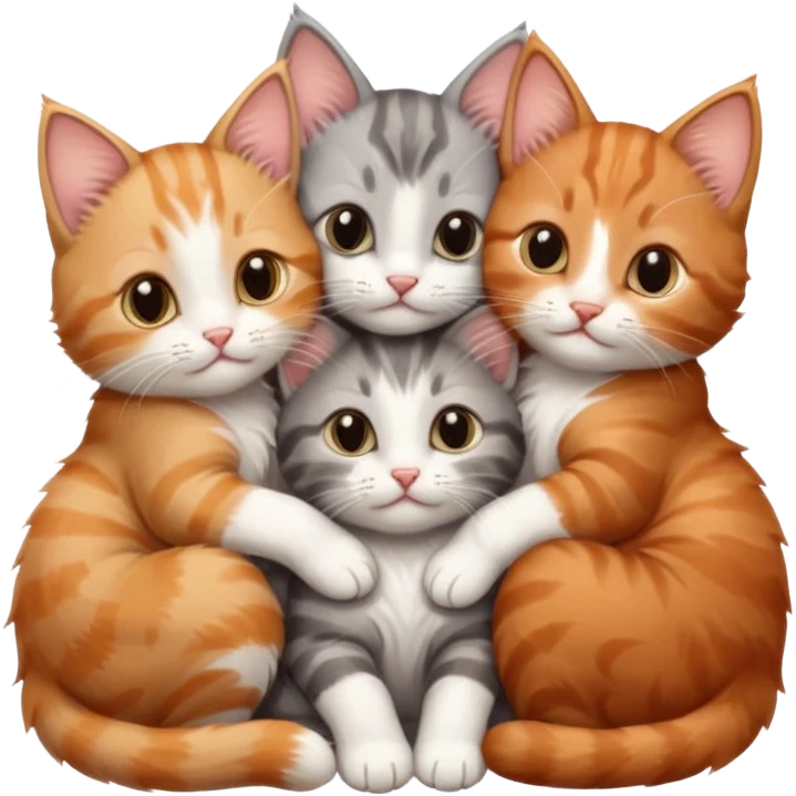 3 tiny kittens cuddling together all different colours, the first one is grey and white, the second is ginger and white and the third is brown tabby and white emoji