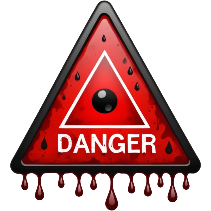 A triangular danger with a bold black border with danger written in the middle  and a bright yellow background. In the center, a dark red blood splatter spreads outward, with a few drops dripping down the sign. The design gives a wild, intense, and dangerous vibe,  emoji