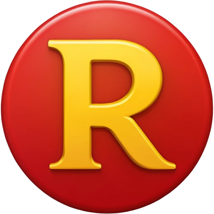 Círculo vermelho com a letra R estilizada em amarelo dentro emoji