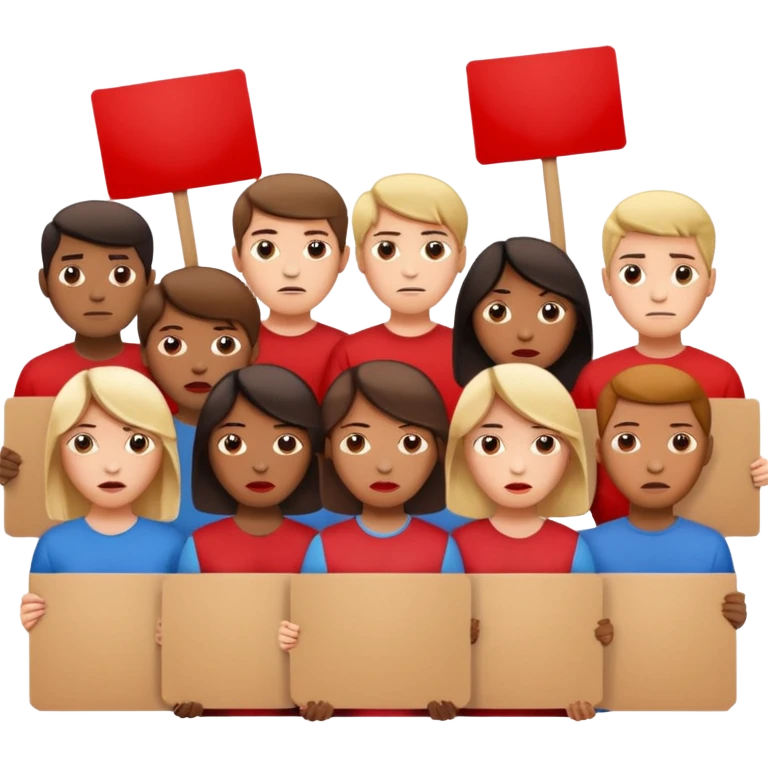 a crowd of people with unhappy faces and holding placards on which everything is crossed out in red emoji