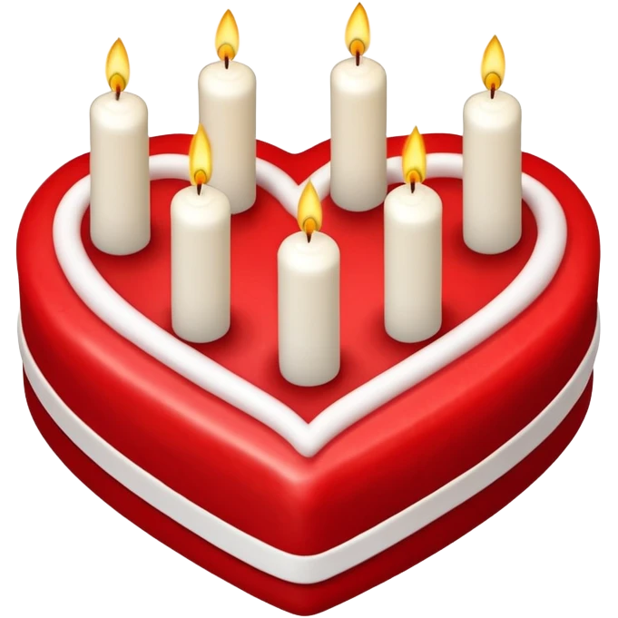 Red heart shaped birthday cake, top view, 4 candles emoji