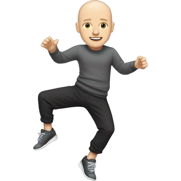 a bald white man, with a black sweater and gray jogging pants and dancing shoes emoji