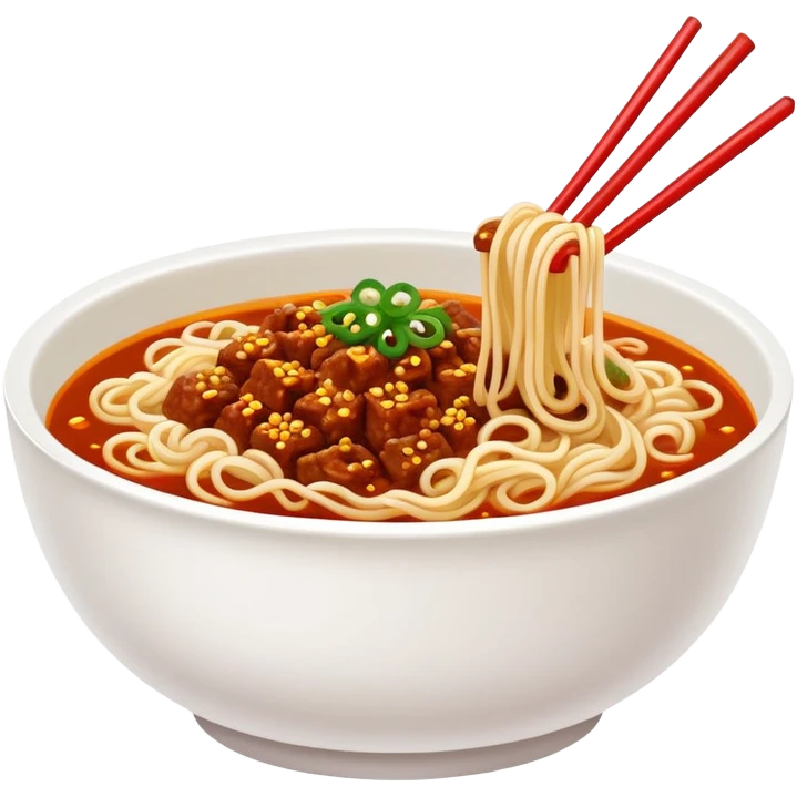 Chengdu Dan Dan Noodles with spicy sauce and minced meat, simplified emoji style with bold outlines and bright colors, cartoon style Sichuan street food in bowl emoji