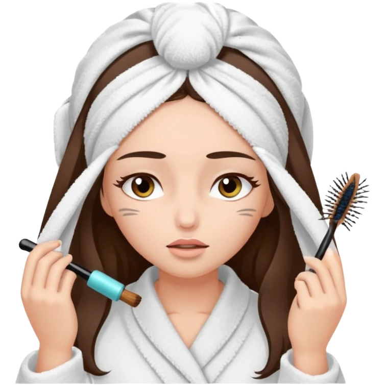 Girl with brown hair in white dressing gown and white towel wrapped in her head doing her mascara  Eyes closed white dark hair and towel wrapped differently doing mascara long hair  emoji