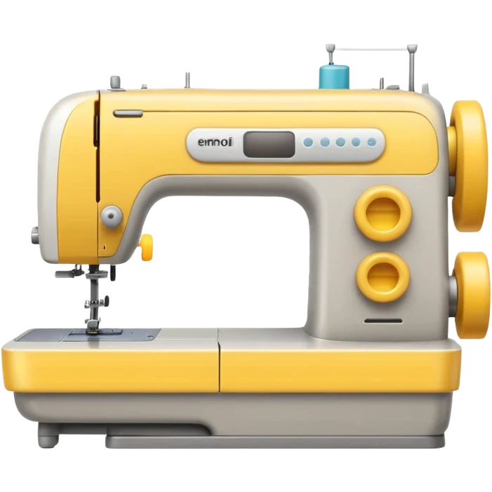 Emoji of a modern sewing machine inspired by a Brother machine. Soft, rounded shapes in the style of Apple emojis, with subtle gradients and soft shadows. White body with light gray details, a yellow spool on top emoji