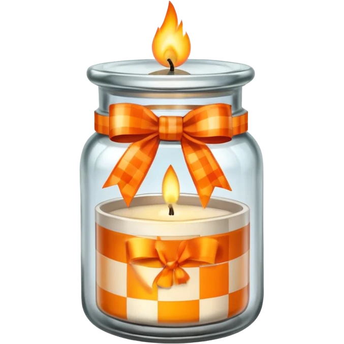 Glass jar with a candle in it and an orange checkered ribbon emoji