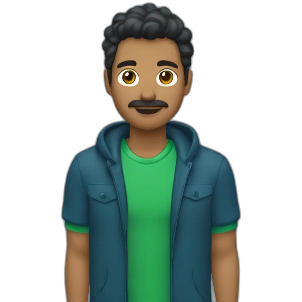 un chico con boina azul, pelo castaño y con rulos, camisa verde acuatico con chaqueta simple azul marino y de osos verdes emoji