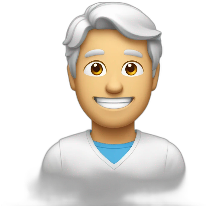 Un homme qui lève les bras face a l'ecran et fait un sourire emoji