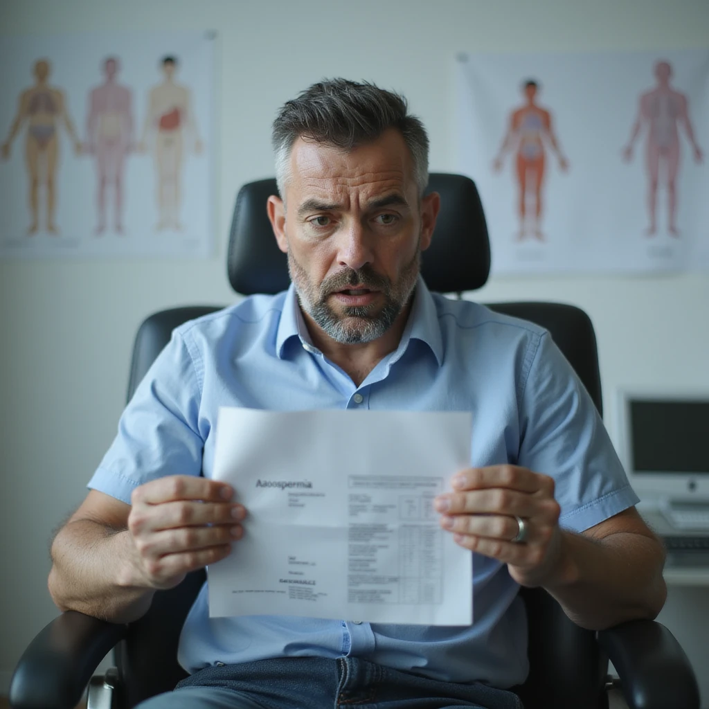 hyperrealistic 4K image of a man in his 30s sitting in a urologist's office, staring anxiously and shocked at semen analysis results showing 'azoospermia', hands trembling while holding the paper, clinical atmosphere with fertility diagrams on the wall emoji