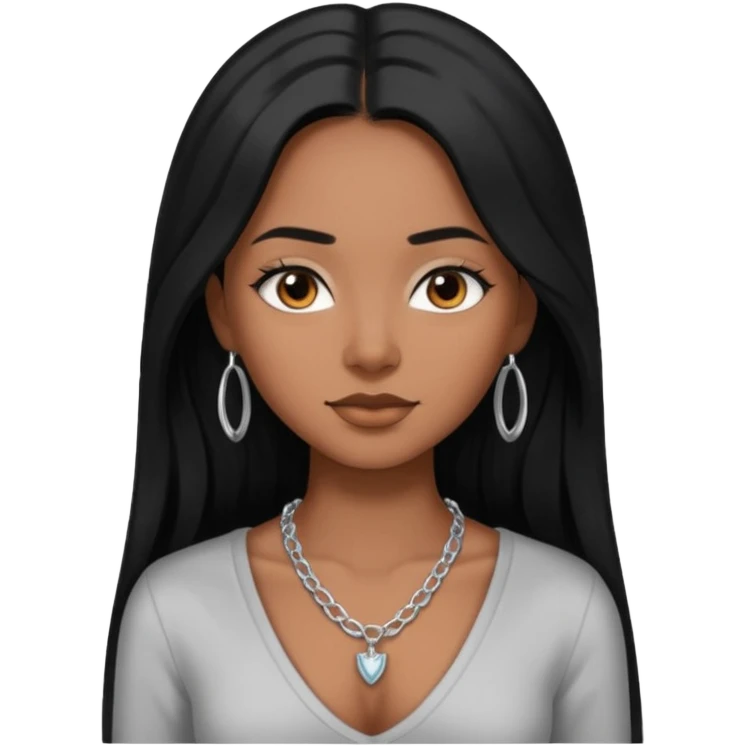 Brown skin girl with long black hair with 4 edges 2 on each side wearing a v-cut neckline shirt with a silver necklace emoji