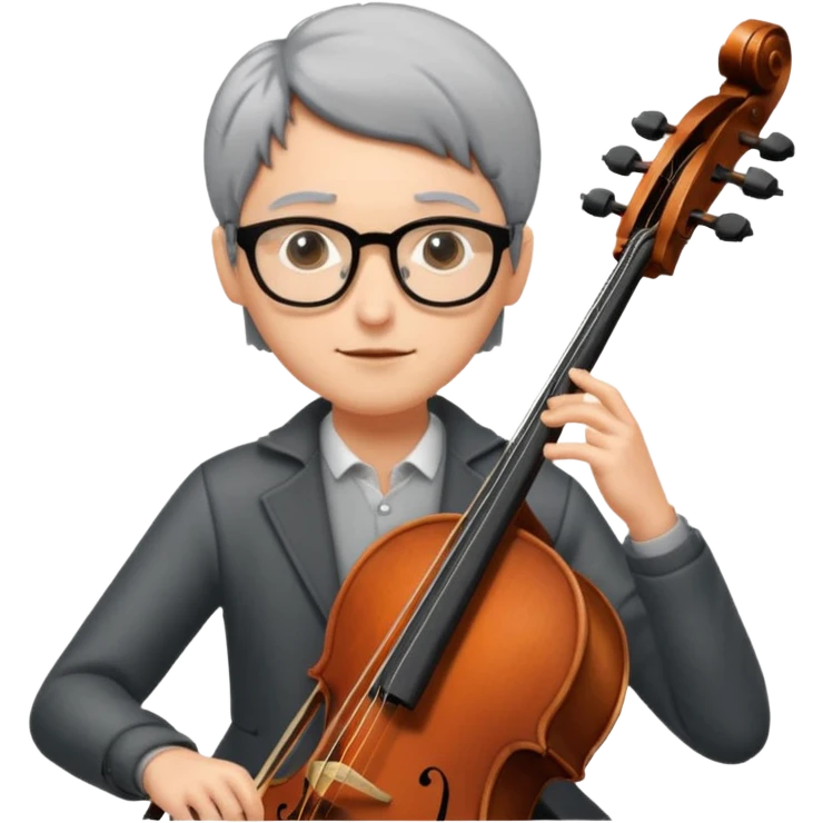 an emoji of my mum playing the cello, she has short black-ish gray hair, wears glasses, she is small emoji