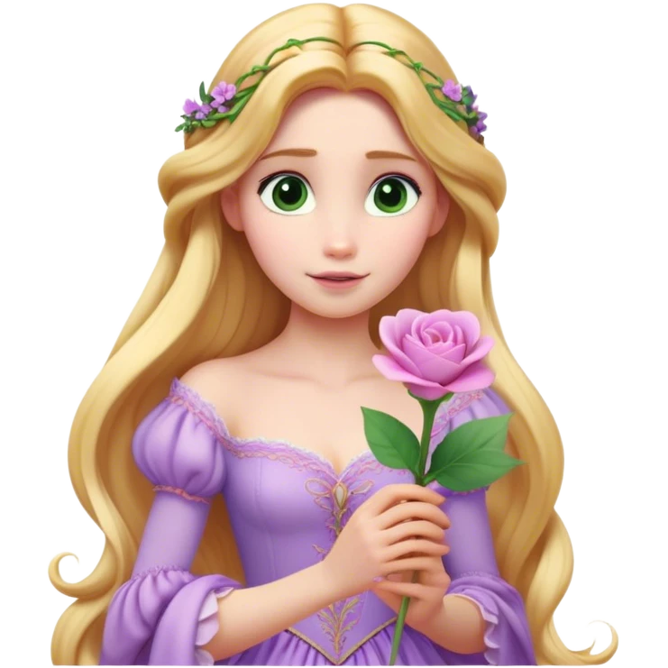 Cinematic Realistic Rapunzel Portrait, with porcelain-like skin featuring a subtle, natural glow, illuminated by soft lighting that brings out the gentle contours of her face. Her long, golden blonde hair cascades in detailed waves, each strand highlighted with a radiant shimmer as it catches the light. She playfully holds a flower in one hand, her other hand resting casually in her lap, with a warm and spirited expression. Her bright, expressive green eyes exude curiosity and warmth, framed by delicate lashes and soft, arched brows. She is dressed in her classic lavender and pink gown, the fabric textured with delicate folds that flow naturally, catching the light with a soft, radiant glow. The portrait captures a luminous, enchanting aura, seamlessly blending realism with a whimsical, fairytale charm, evoking a timeless sense of beauty and magic. emoji