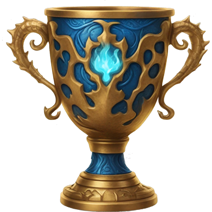 The Goblet of Fire is a large, ornate cup made of burnished gold with intricate carvings and handles shaped like fiery dragons. It's enchanted to select the champions for the Triwizard Tournament by emitting blue flames and magically presenting their name emoji